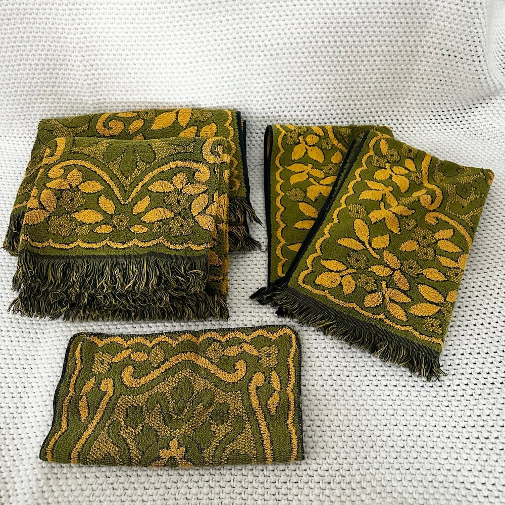 Cavalier Cannon USA Green Yellow Mid Century Mod Floral Scroll Bath Towel Set 5 - Picture 2 of 7